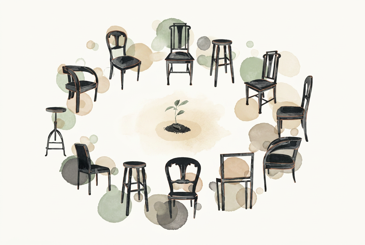 Cercle de chaises autour d'une jeune pousse, symbole de rassemblement et de renaissance