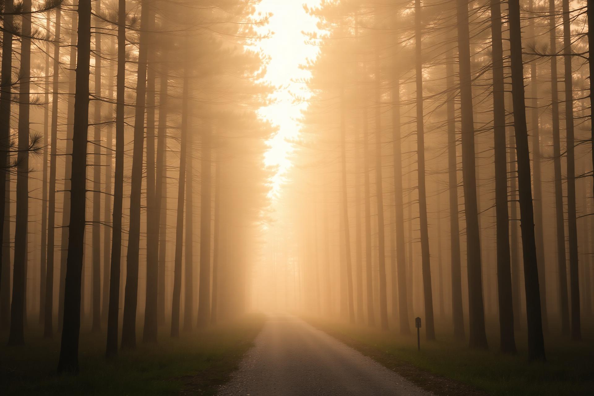 Chemin forestier baigné dans la lumière du matin