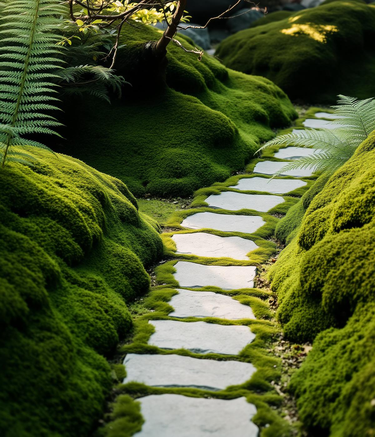 Chemin de pierres dans la mousse